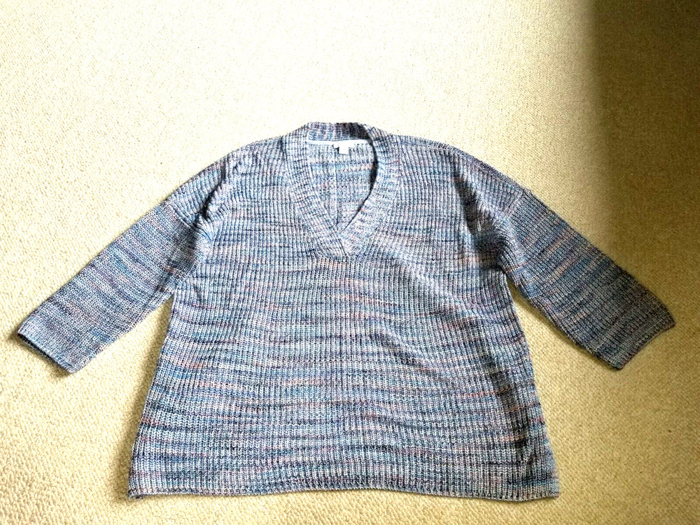 Womens Sweater-J. JILL-blue/pink marled 100% cotton rib knit pullover 3/4 slv-PM